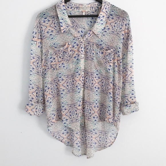 Free People Easy Rider Geometric Chiffon Button Front Blouse Women's Sz S - Picture 9 of 11